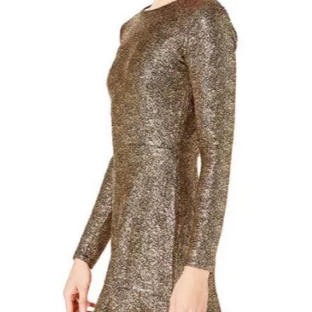 Michael Kors Long Sleeve Gold Metallic Fit & Flare Mini Dress